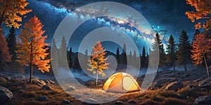 Night camping. Illuminated tent near forest under night sky full of stars and milky way