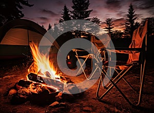 Night camping near bright fire in spruce forest under starry magical sky. Tourism, camping concept.