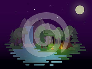 Night camping scenery. Flat design landscape with tent, fire, forest and mountains