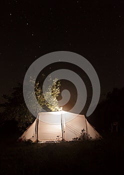 Night camping tent on the dark sky star background . Ursa Major