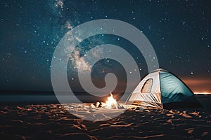 Night camping under the stars with tent and campfire on the beach