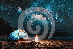 Night camping under the stars with tent and campfire on the beach