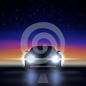 Night car with headlights against the background of a colorful starry sky, the silhouette of car with bright xenon led headlights