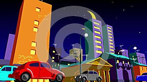 Night cartoon city with moving cars