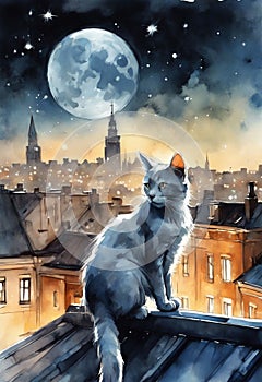 The night cat and the moon in watercolor