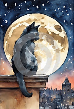 The night cat and the moon in watercolor