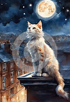 The night cat and the moon in watercolor