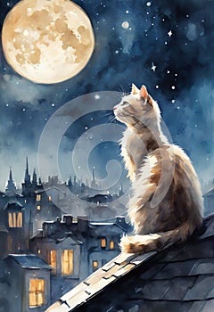 The night cat and the moon in watercolor