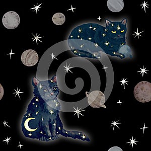 Night cat with stars, planets and moon. Mystic watercolor animal with constellation in black sky. Fantastic space