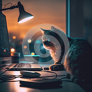 At night the cat is working in the office in front of the computer with lights on. AI