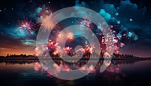 Night celebration firework display exploding in multi colored traditional festival party generated by AI