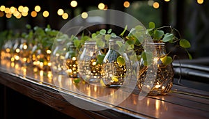 Night celebration illuminated bottle, glass, wood, freshness, nature generated by AI