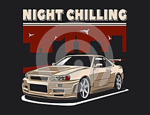 night chilling text with amazing vechicle illustration vector design graphic along with city scheme background