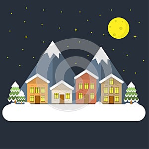 Night Christmas background with flat design have village tree Christmas and mountain . Landscape winter.