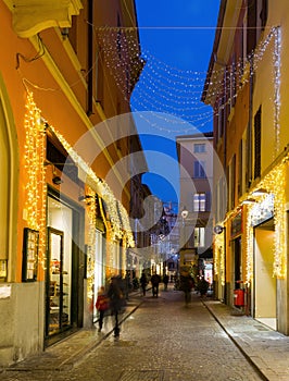 Night Christmas illumination of Parma in Italy