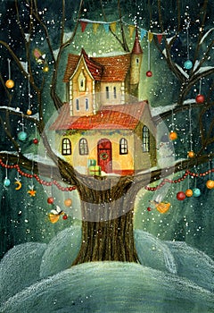 Night Christmas Winter House on a Tree with Snowfall, snowman, fairies and banners