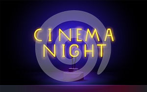 Night Cinema neon text. Entertainment concept, advertisement design. Night bright neon sign, colorful billboard, light