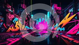 Night city with abstract graffiti elements
