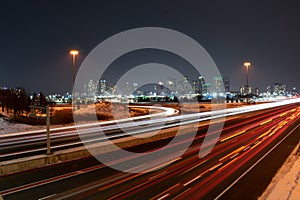 Night city background highway road with car lights