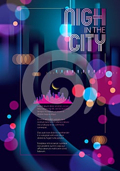 Night city with blurred lights bokeh texture vector illustration. Blur colorful dark background with cityscape, buildings