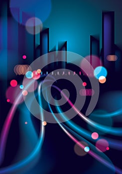 Night city with blurred lights bokeh texture vector illustration. Effect vector beautiful background. Blur colorful dark