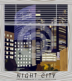 Night city Business center Vector illustration. La Defense Business center in Paris France. View from the window