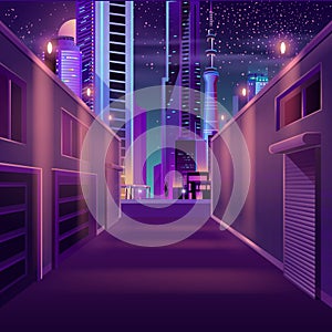 Night city empty side street cartoon vector