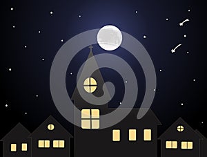 Night in the city - full moon night over the town - illustration