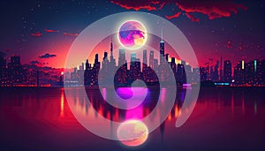 Night city with full moon and reflection in water, ai generation