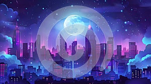 A night city with a full moon in a starry sky. A modern cartoon illustration of skyscrapers shining with neon windows, a