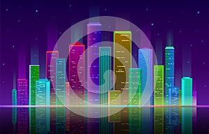 Night city. Futuristic cityscape with bright and glowing neon purple and blue lights, skyscrapers panorama vector