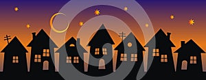 Night city, group of houses, black silhouette on rainbow background