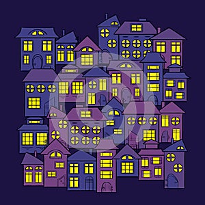 Night city houses - vector print illustration