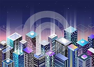 Night city isometric vector illustration. Skyscrapers shining with bright neon lights
