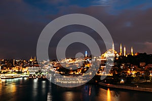 Night city Istanbul. Istanbul night landscape. Night view of the city. Galata Tower, Galata Bridge, Karakoy district and Golden