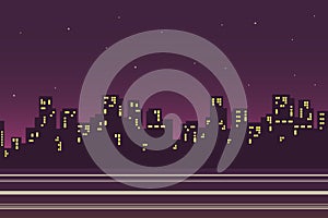 Night city landscape background in flat style. Silhouettes of skyscrapers, evening street with houses with glowing windows,