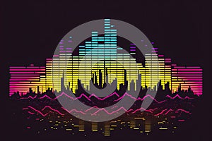 Night city landscape with colorful equalizer. Sound wave on black background. Night club. Generative AI