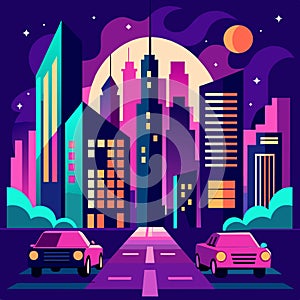 Night city landscape with road and cars.