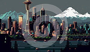 Night city landscape with skyscrapers and mountains. Vector illustration.