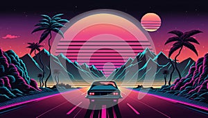 Night city landscape, sunset colors, scifi, retrowave vintage illustration.