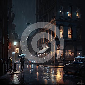 night city life: car and street lamps. people with umbrella rain. cyber pank ai generated