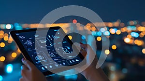 Night City Lights and Data Analysis on Tablet Screen