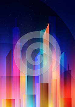 Night city with neon glow and vivid colors in the style of minimalism and low poly.