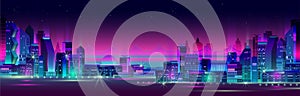 Night city panorama with neon glow on dark background. Vector.