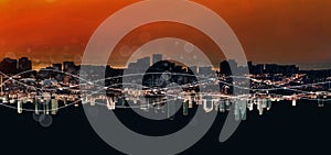 Night city panoramic background, social media and business communication technology concept