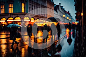 Night city rain,  building windows carrs traffic light pedestrian with umbrellas walk urban life style