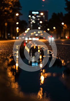Night City Rain Reflection in Puddle