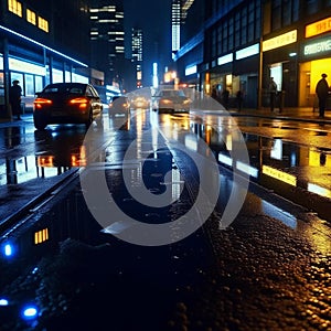 Night city in the rain with reflections on wet street