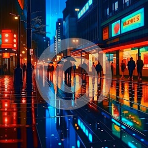 Night city in the rain with reflections on wet street