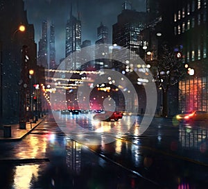 Night city rainy street   blurred light car traffic people with umbrellas rain drops urban scene